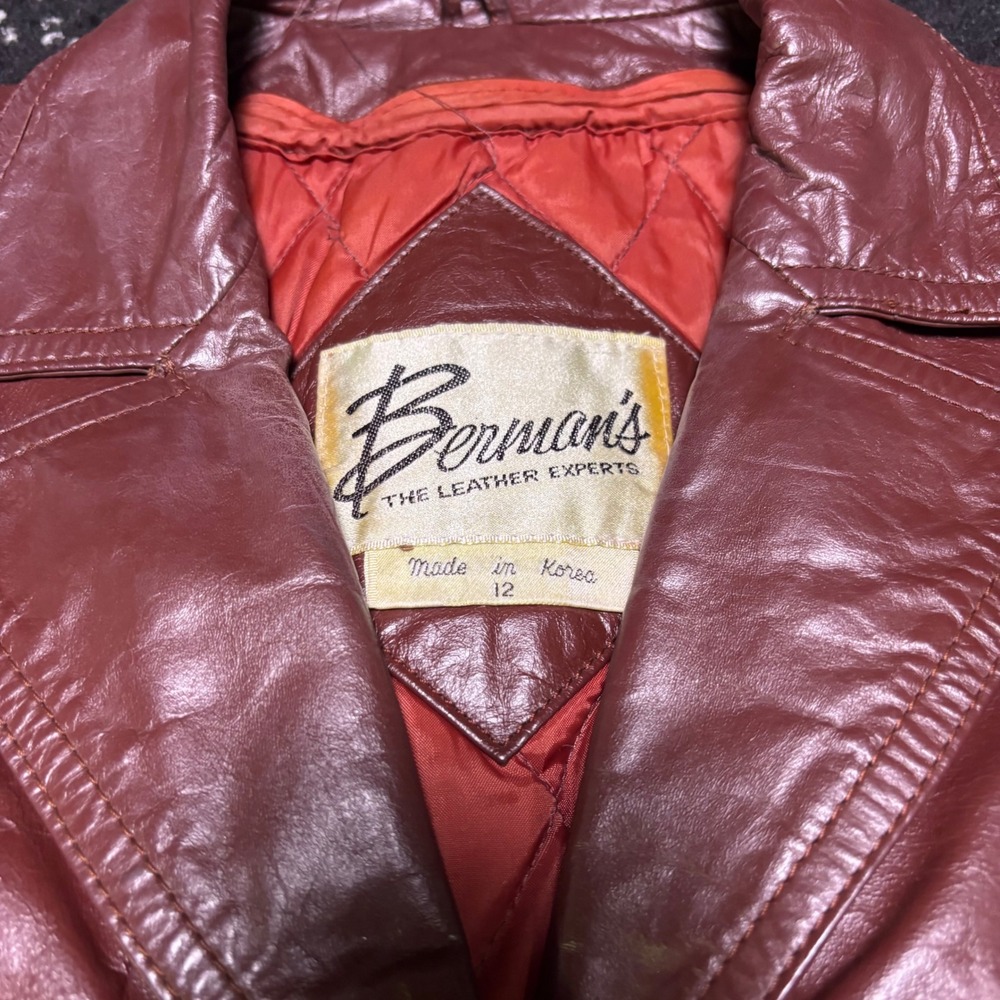 Vintage Bermans The Leather Experts Burgundy Belted Leather Jacket Coat Size 12 - Picture 3 of 5